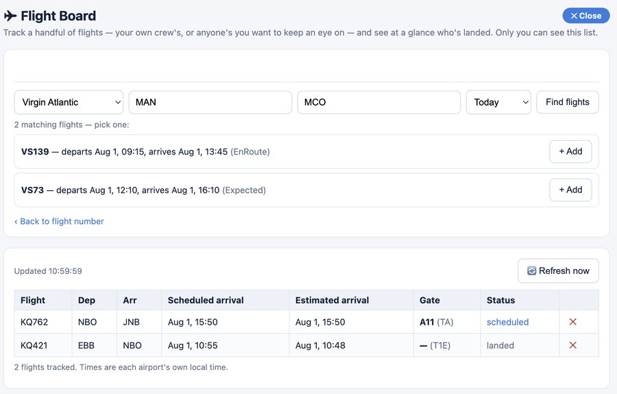 Flight Board showing a route search for Virgin Atlantic flights from Manchester to Orlando with two matching flights to add, and a tracked list below showing two Kenya Airways flights, one scheduled and one landed