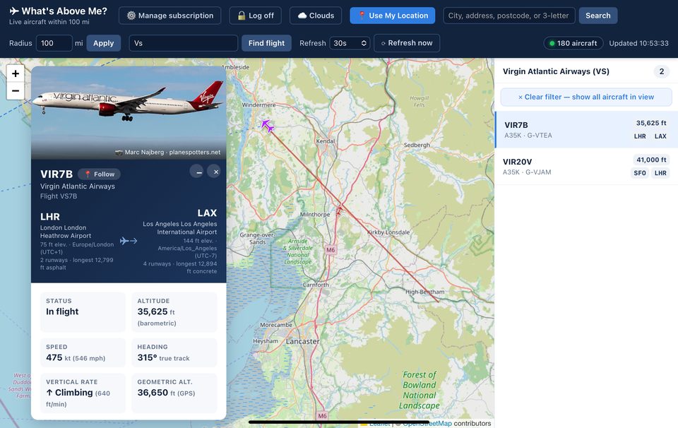 What's Above Me? tracking Virgin Atlantic flight VS7B from London Heathrow to Los Angeles, with its live photo, route, and flight stats, plus the airline-code search filtered to Virgin Atlantic's aircraft in view